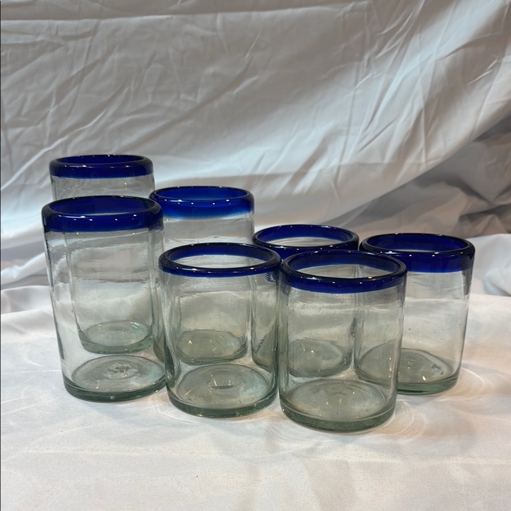 Set of 7 Hand Blown Mexican Bubble Glasses With Cobalt Blue Rim, Various Sizes
